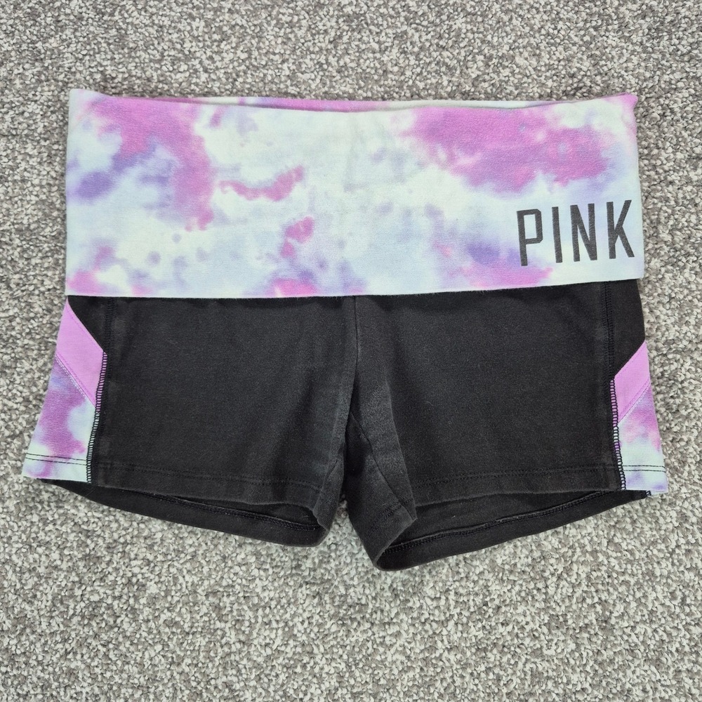 PINK‎ Victoria's Secret Foldover Yoga Shorts Womens XS Black Tie Dye Y2K